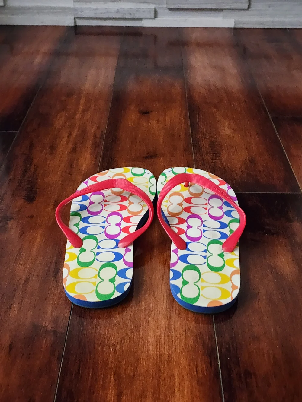 Coach Rainbow Logo Flip Flops with Pink Straps